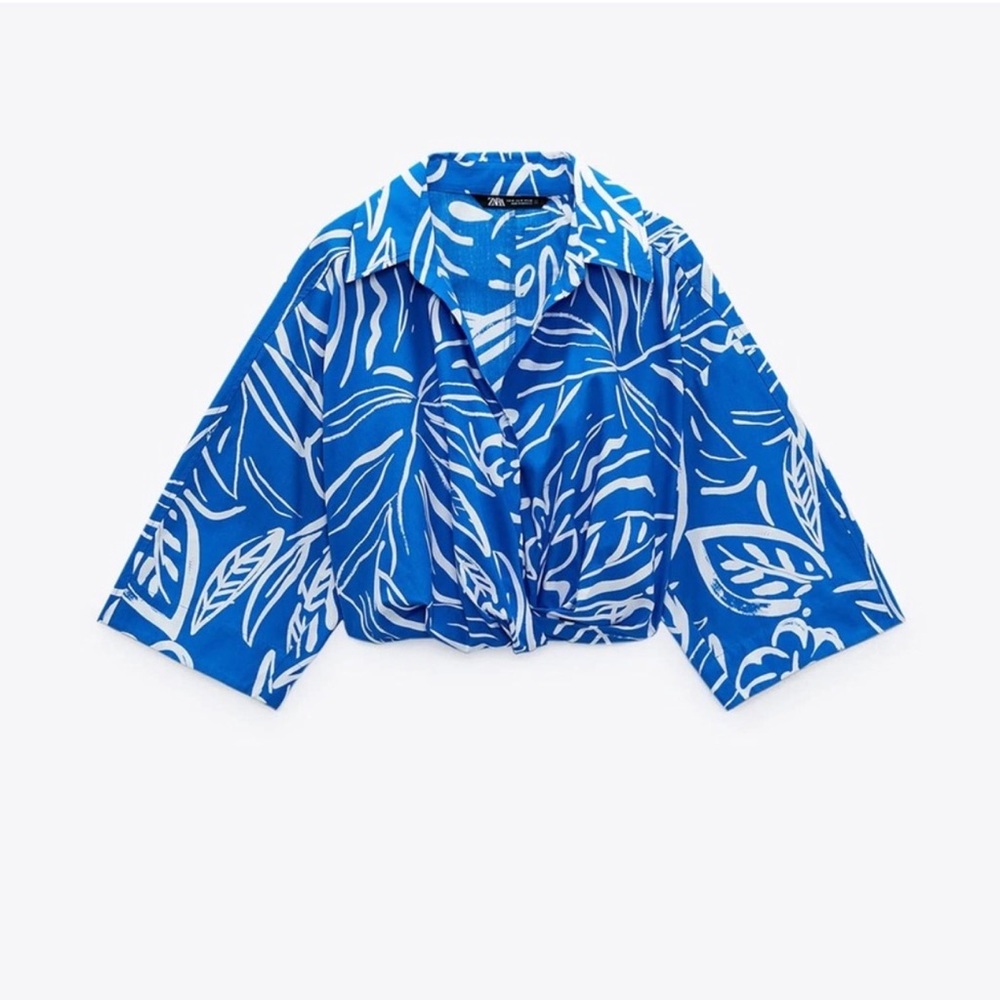 Zara Blue White Printed Cropped Blouse